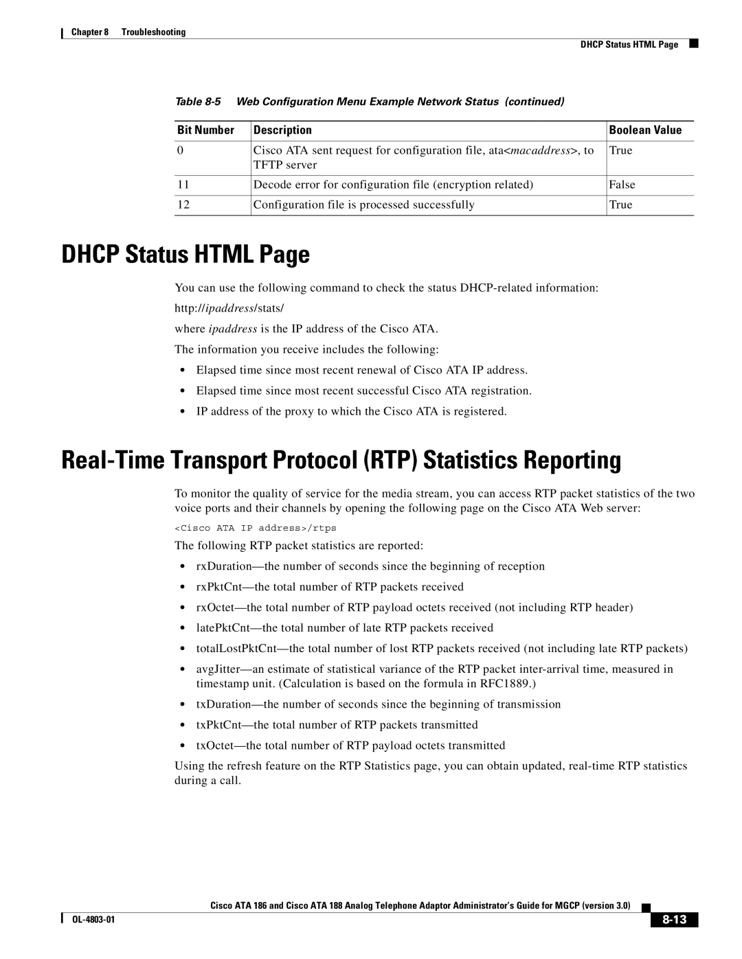 Cisco Systems ATA 188, ATA 186 manual Dhcp Status Html, Real-Time Transport Protocol RTP Statistics Reporting 