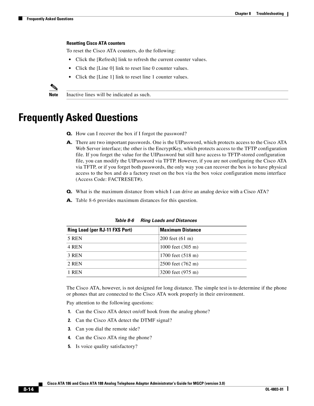 Cisco Systems ATA 186, ATA 188 manual Frequently Asked Questions, Resetting Cisco ATA counters 