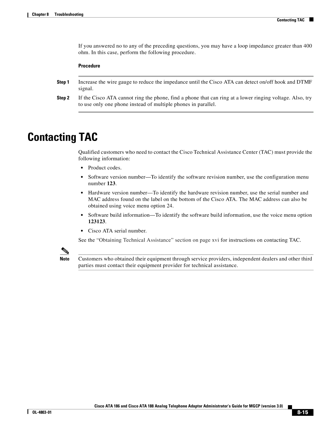 Cisco Systems ATA 188, ATA 186 manual Contacting TAC, Procedure 