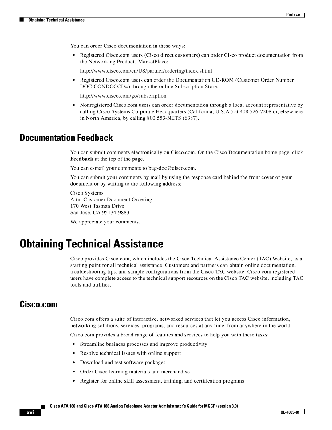 Cisco Systems ATA 186, ATA 188 manual Obtaining Technical Assistance, Documentation Feedback, Xvi 