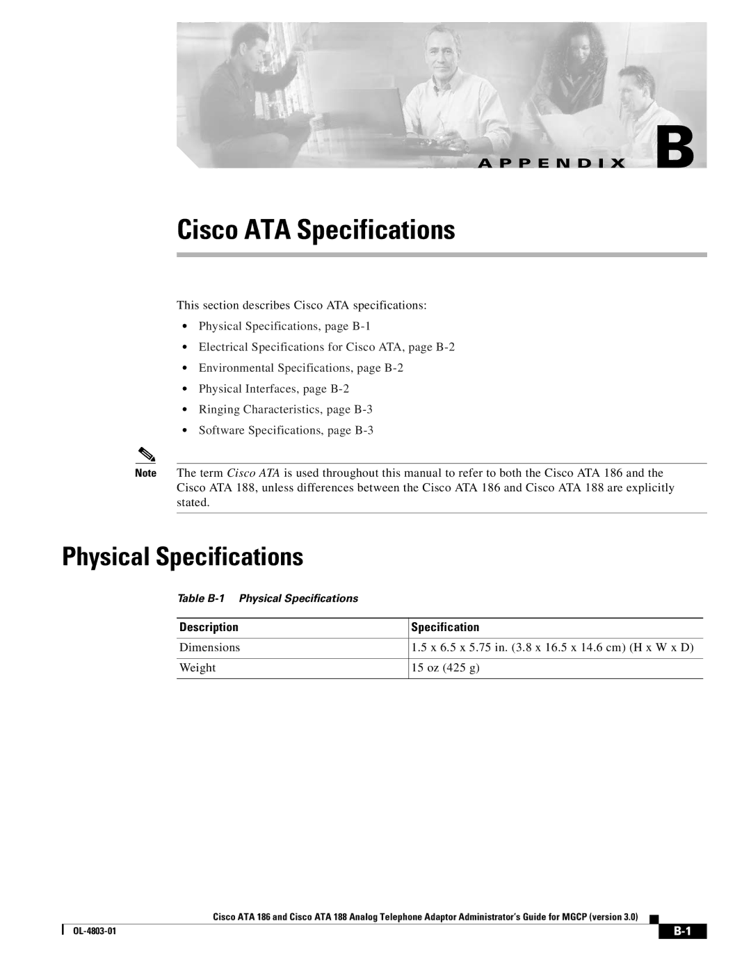 Cisco Systems ATA 188, ATA 186 Physical Specifications, This section describes Cisco ATA specifications, Dimensions Weight 