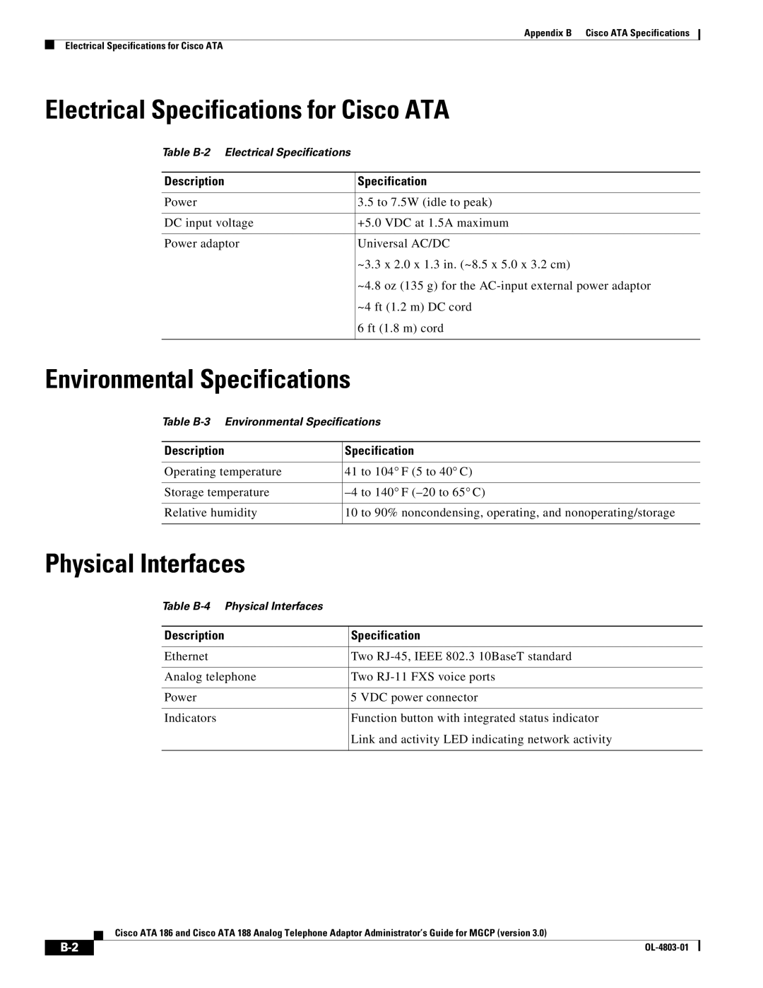 Cisco Systems ATA 186, ATA 188 Electrical Specifications for Cisco ATA, Environmental Specifications, Physical Interfaces 