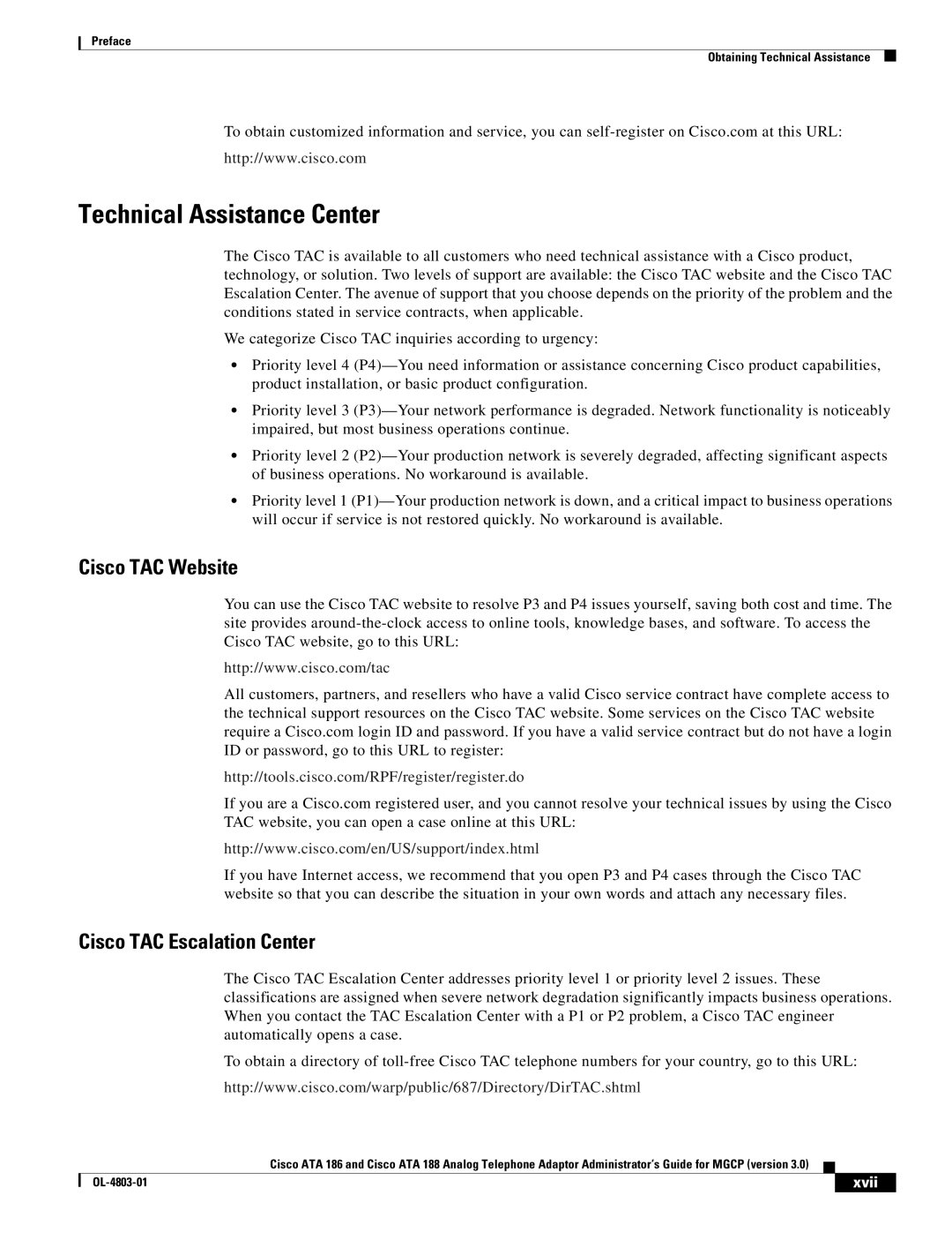 Cisco Systems ATA 188, ATA 186 manual Technical Assistance Center, Cisco TAC Website, Cisco TAC Escalation Center, Xvii 