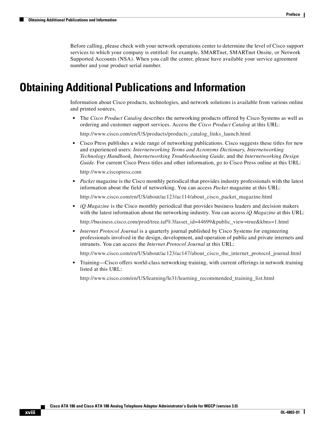 Cisco Systems ATA 186, ATA 188 manual Obtaining Additional Publications and Information, Xviii 