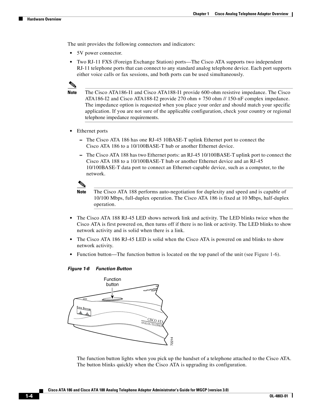 Cisco Systems ATA 186, ATA 188 manual Function Button 