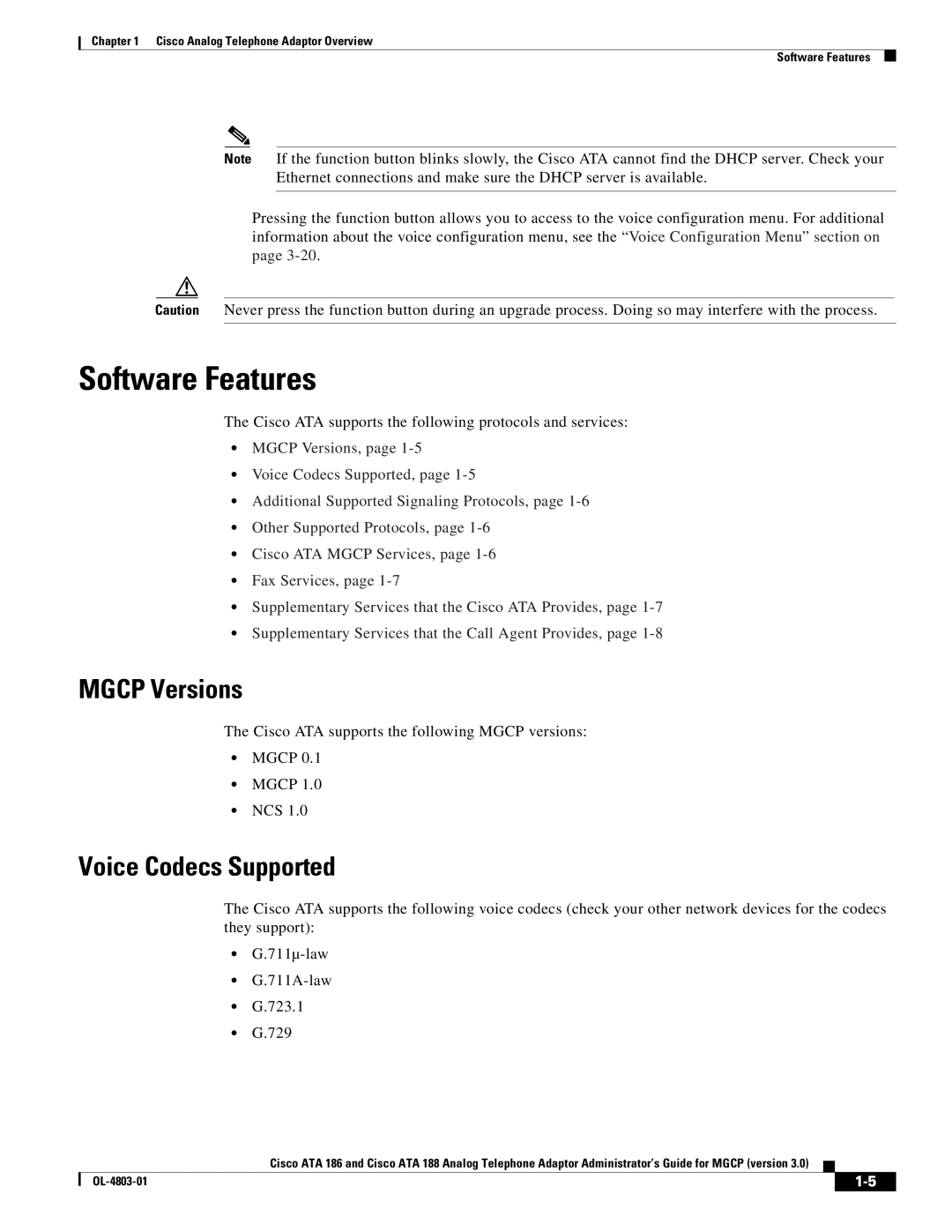 Cisco Systems ATA 188, ATA 186 manual Software Features, Mgcp Versions, Voice Codecs Supported 