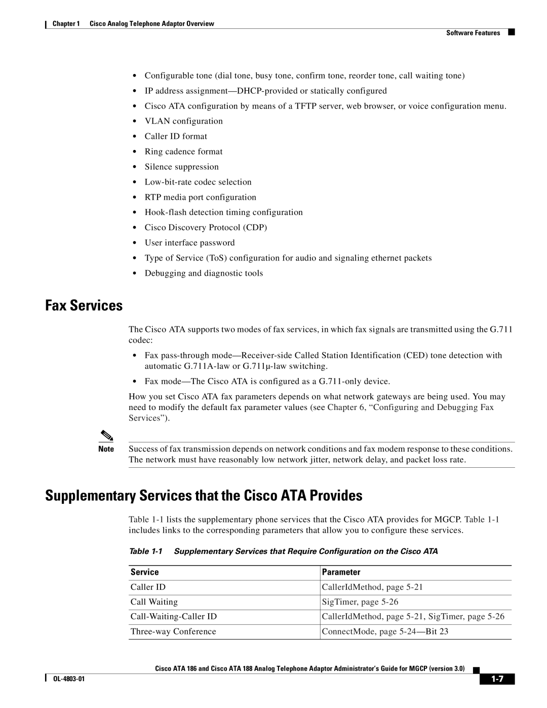 Cisco Systems ATA 188, ATA 186 manual Fax Services, Supplementary Services that the Cisco ATA Provides, Service Parameter 