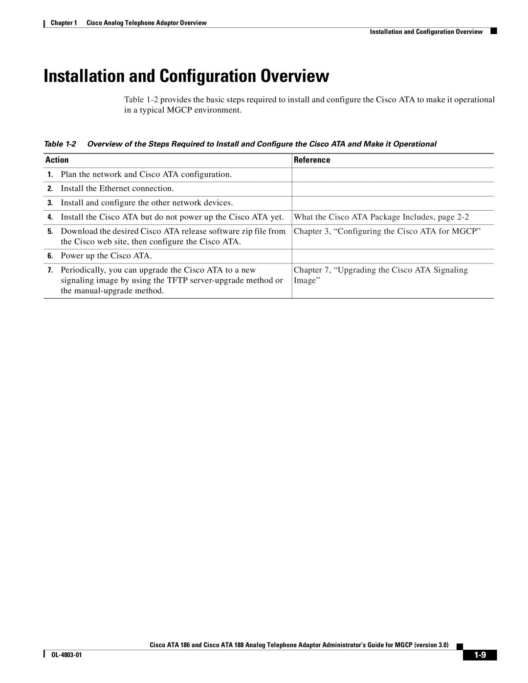 Cisco Systems ATA 188, ATA 186 manual Installation and Configuration Overview, Action Reference, Manual-upgrade method 