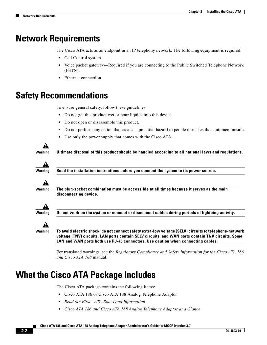 Cisco Systems ATA 186, ATA 188 manual Network Requirements, Safety Recommendations, What the Cisco ATA Package Includes 