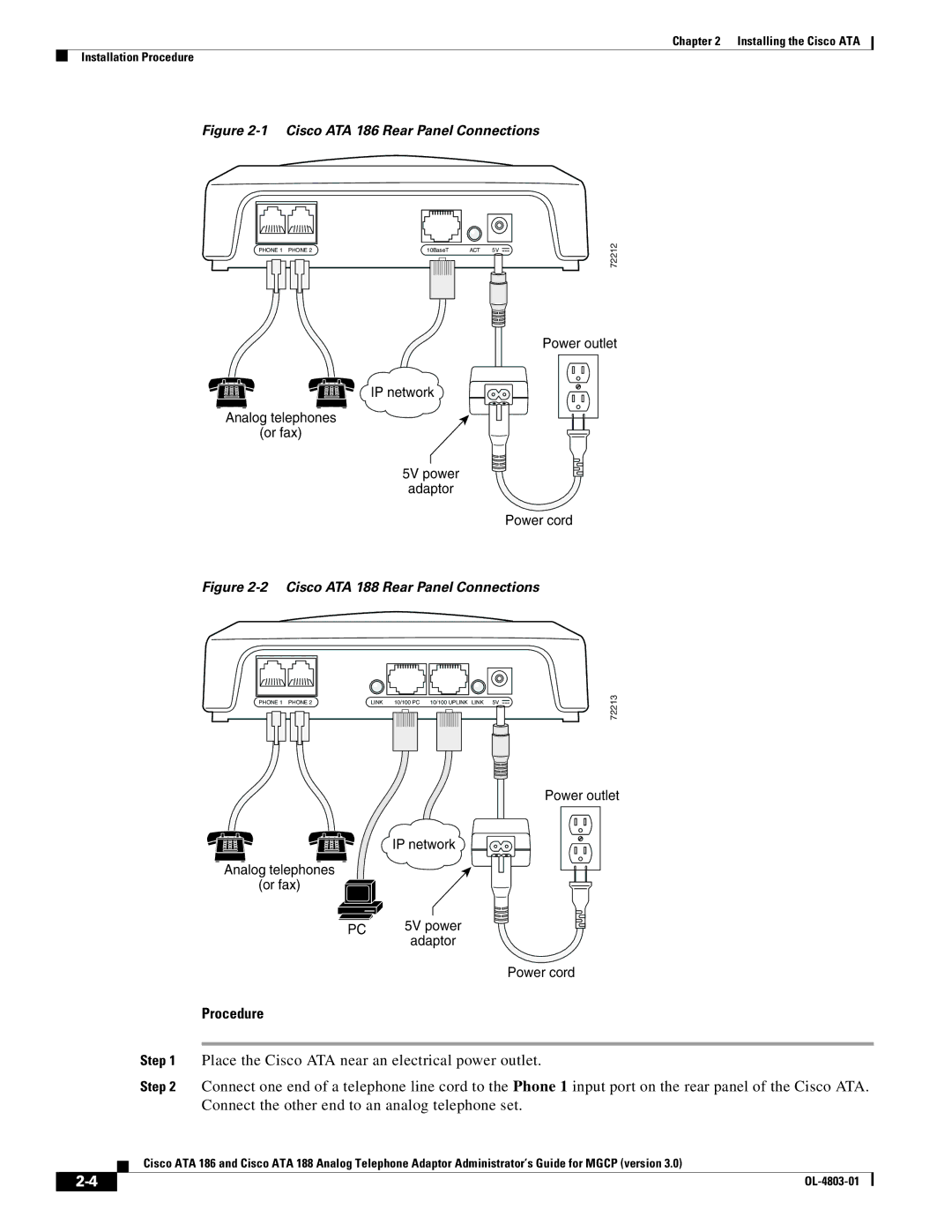 Cisco Systems ATA 188 manual Procedure, Cisco ATA 186 Rear Panel Connections 