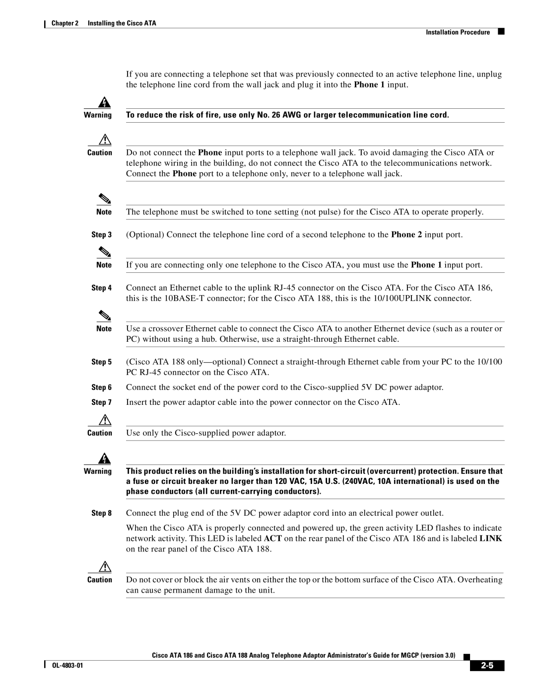 Cisco Systems ATA 188, ATA 186 manual Installing the Cisco ATA Installation Procedure 