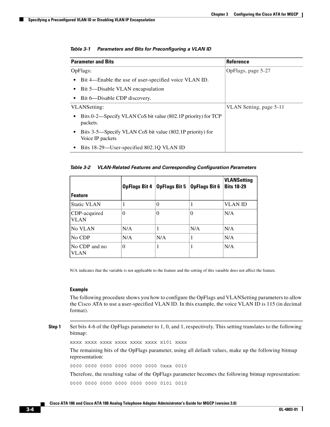 Cisco Systems ATA 186, ATA 188 manual Parameter and Bits Reference, VLANSetting, Feature, Example 