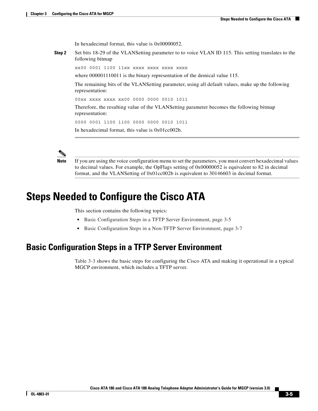 Cisco Systems ATA 188 Steps Needed to Configure the Cisco ATA, Basic Configuration Steps in a Tftp Server Environment 