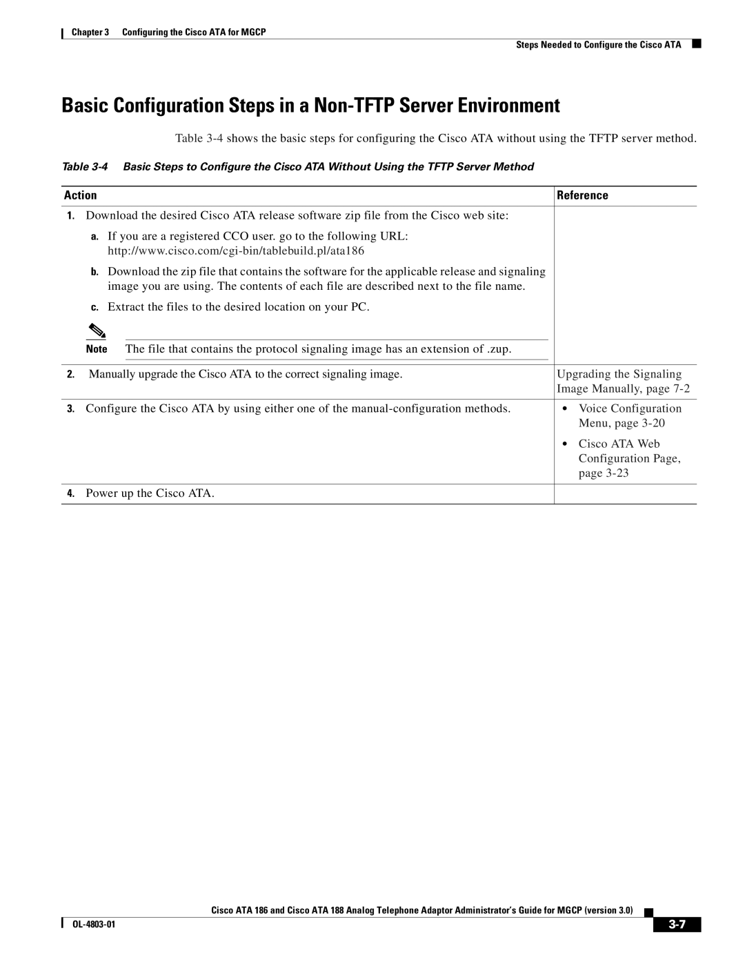 Cisco Systems ATA 188, ATA 186 manual Basic Configuration Steps in a Non-TFTP Server Environment, Action 