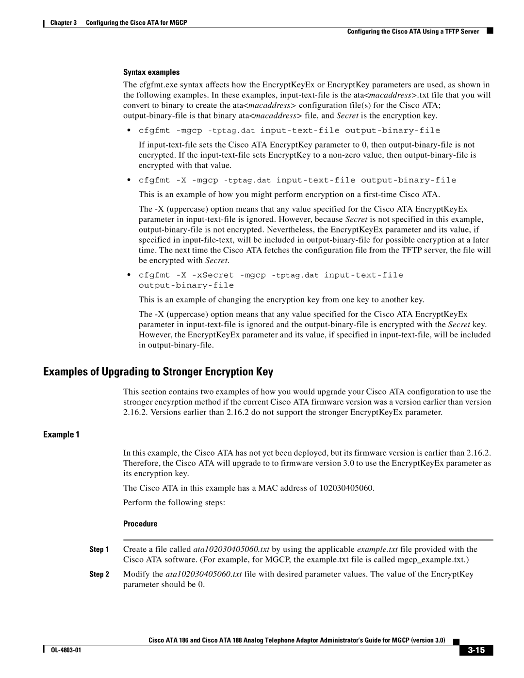 Cisco Systems ATA 188, ATA 186 manual Examples of Upgrading to Stronger Encryption Key, Syntax examples 