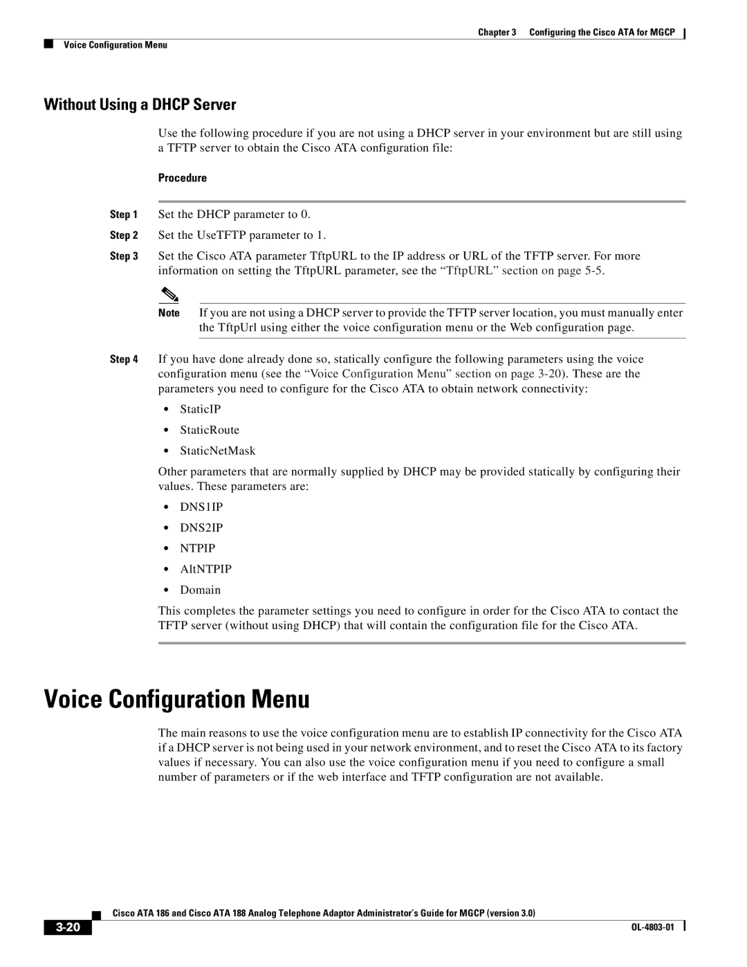 Cisco Systems ATA 186, ATA 188 manual Voice Configuration Menu, Without Using a Dhcp Server 