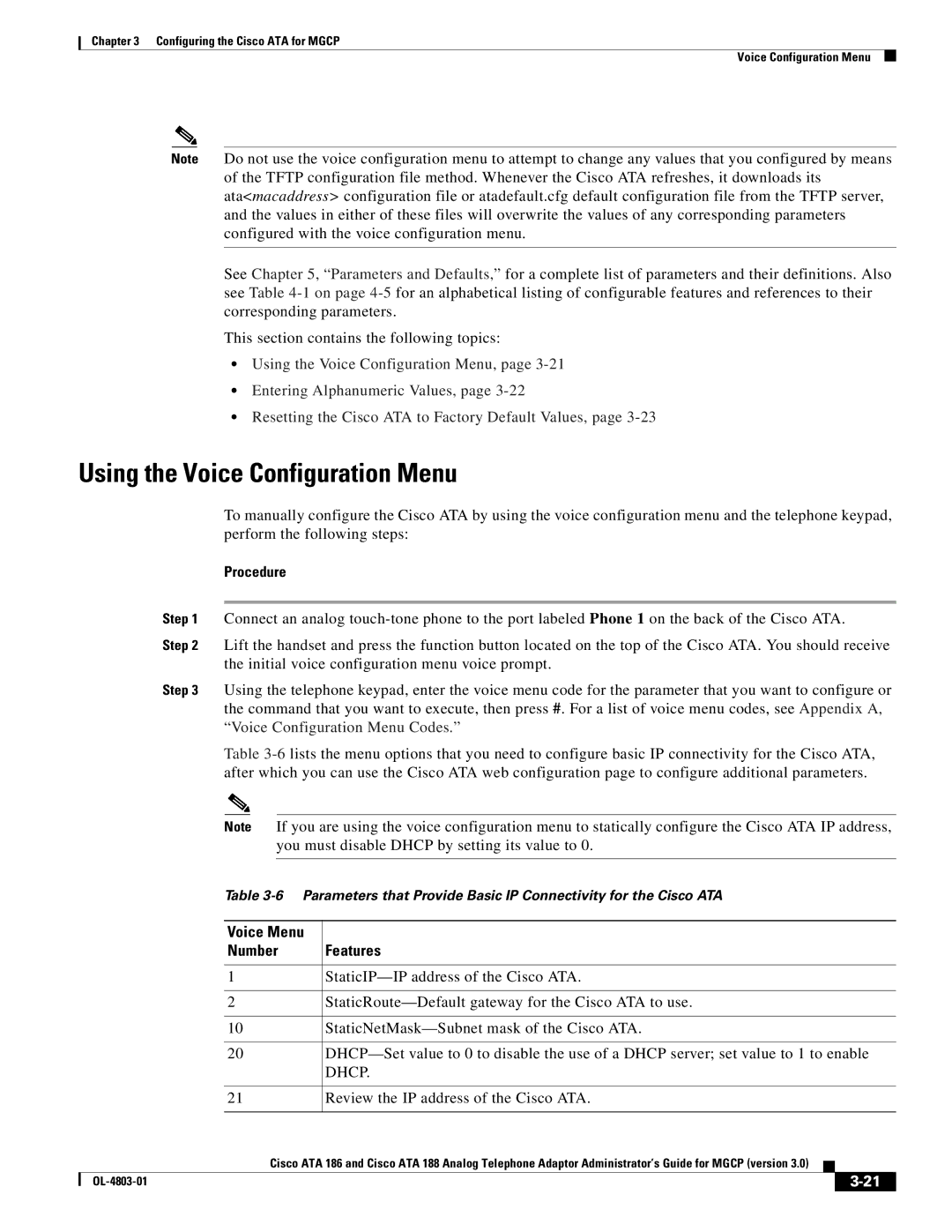 Cisco Systems ATA 188, ATA 186 manual Using the Voice Configuration Menu, Voice Menu Number Features 