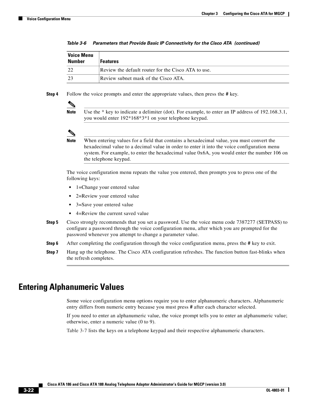 Cisco Systems ATA 186, ATA 188 manual Entering Alphanumeric Values, Voice Menu Number 