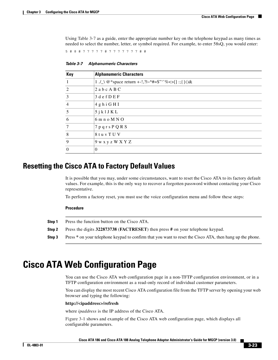 Cisco Systems ATA 188, ATA 186 manual Cisco ATA Web Configuration, Resetting the Cisco ATA to Factory Default Values 