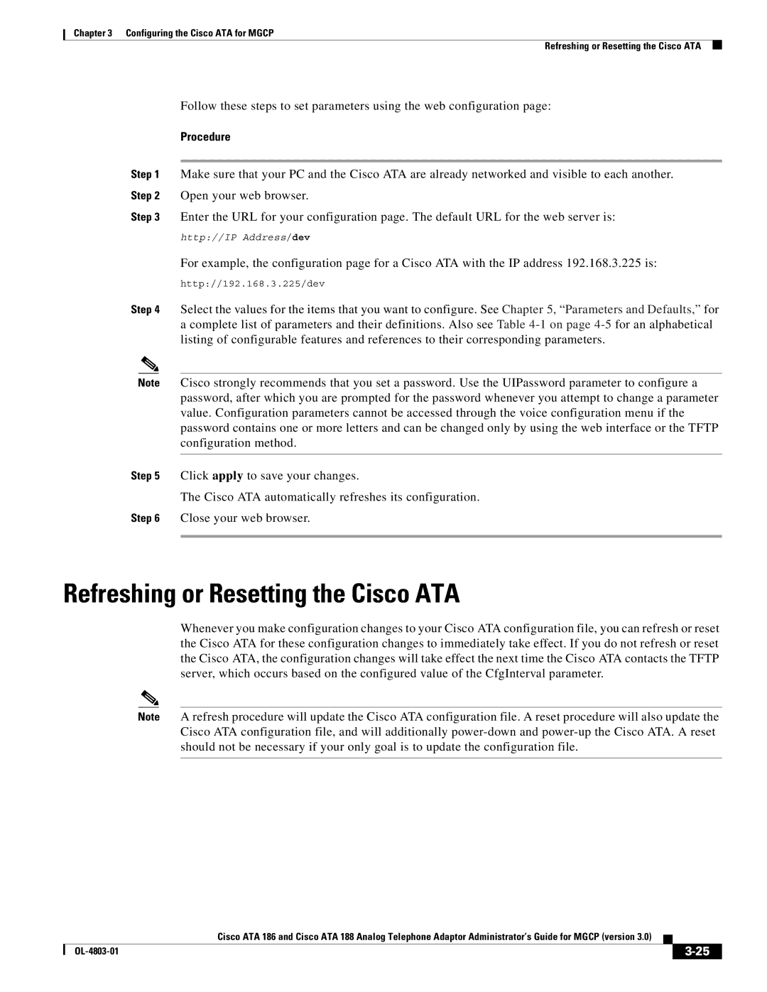 Cisco Systems ATA 188, ATA 186 manual Refreshing or Resetting the Cisco ATA 