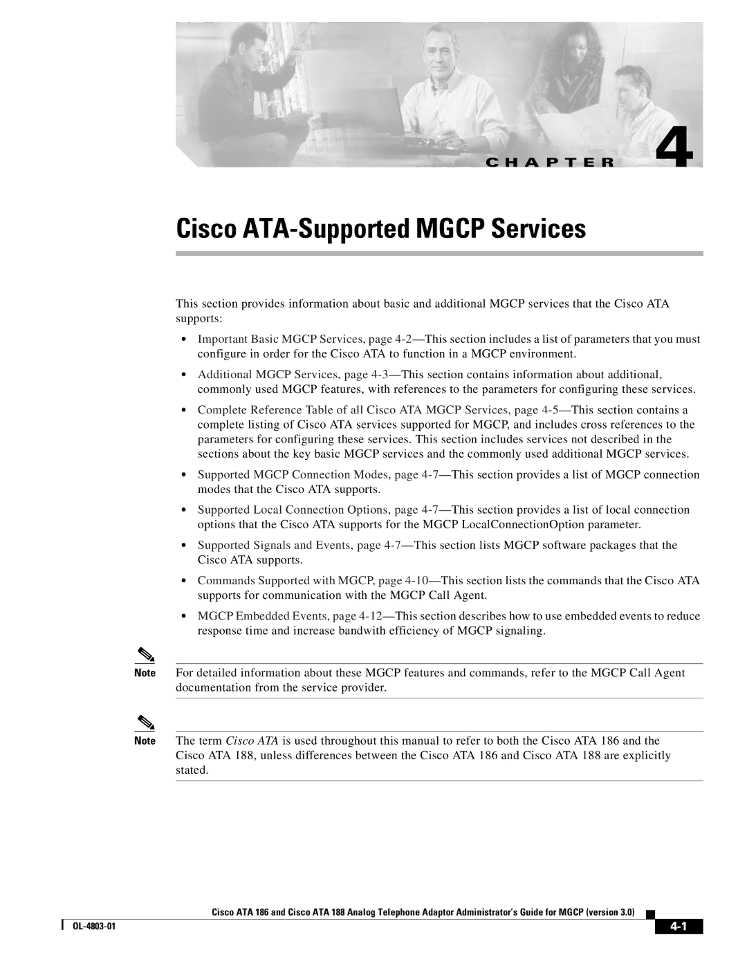 Cisco Systems ATA 188, ATA 186 manual Cisco ATA-Supported Mgcp Services 