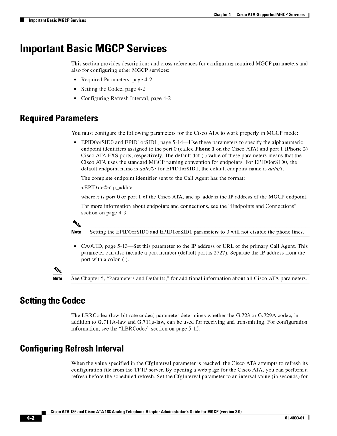 Cisco Systems ATA 186 Important Basic Mgcp Services, Required Parameters, Setting the Codec, Configuring Refresh Interval 