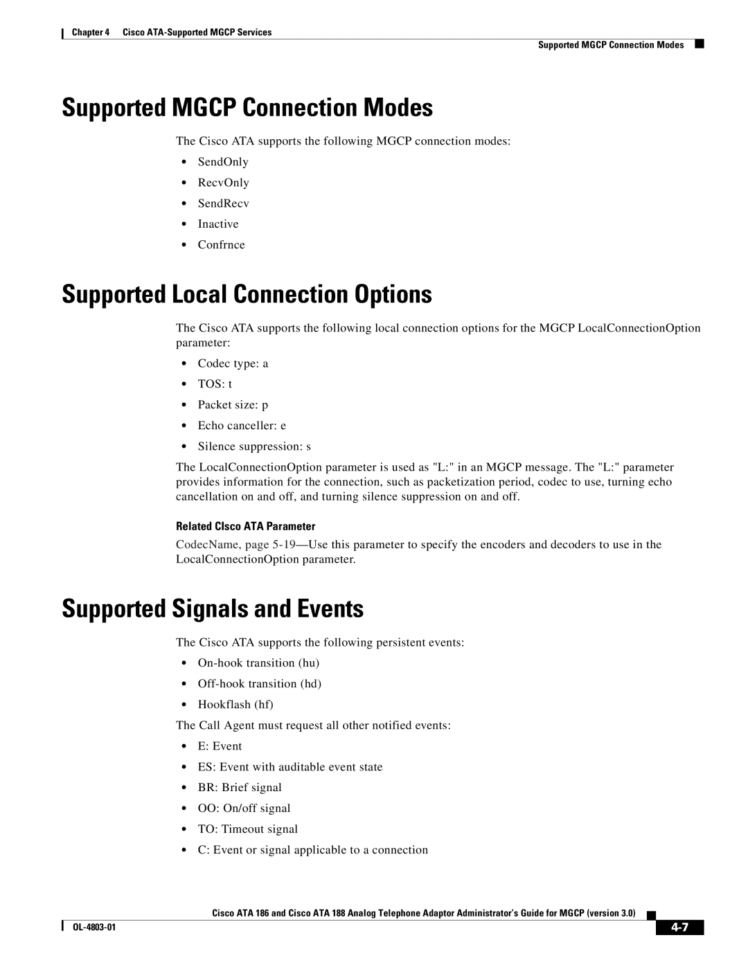 Cisco Systems ATA 188 Supported Mgcp Connection Modes, Supported Local Connection Options, Supported Signals and Events 