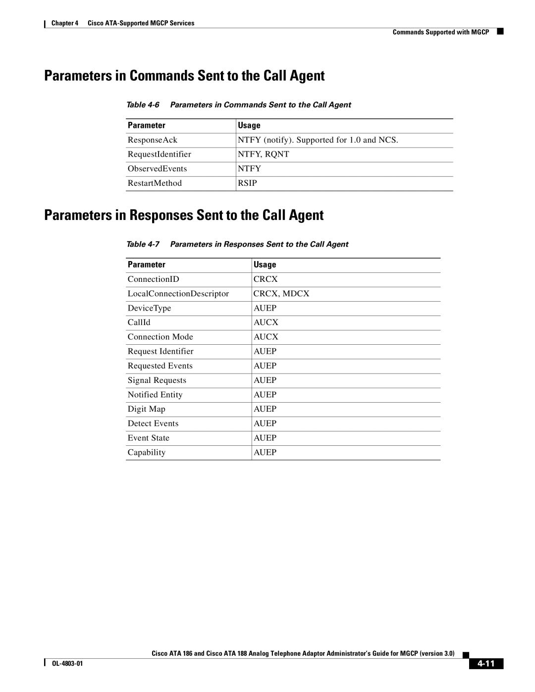 Cisco Systems ATA 188 manual Parameters in Commands Sent to the Call Agent, Parameters in Responses Sent to the Call Agent 