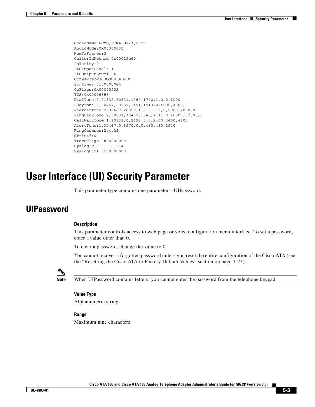 Cisco Systems ATA 188, ATA 186 manual User Interface UI Security Parameter, UIPassword, Value Type, Range 