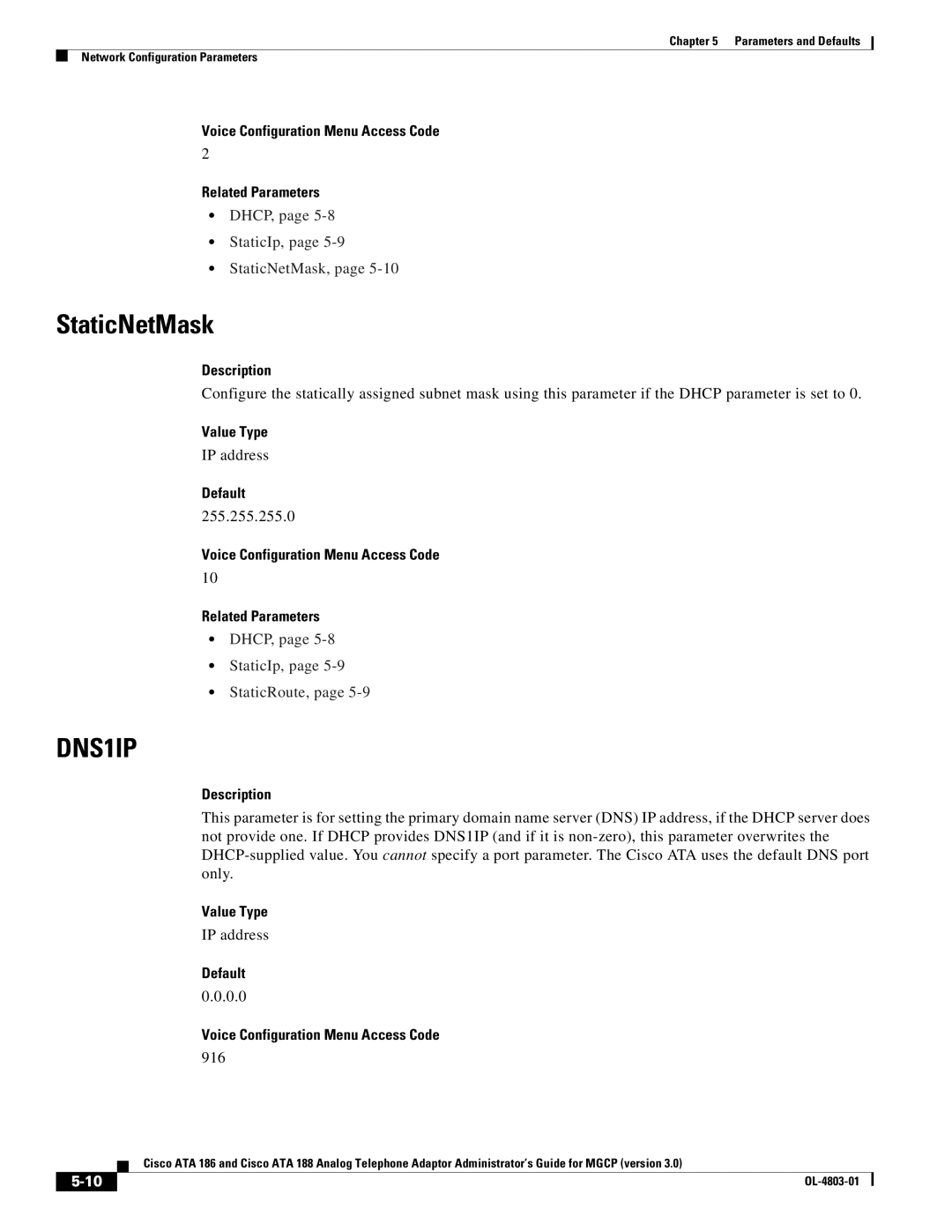 Cisco Systems ATA 186, ATA 188 manual StaticNetMask, 255.255.255.0, 916 