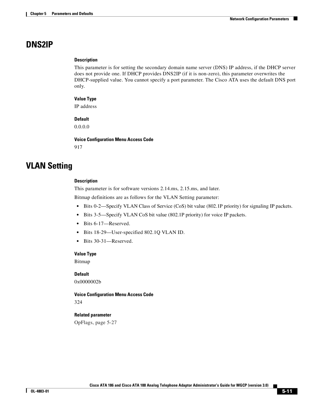 Cisco Systems ATA 188, ATA 186 manual Vlan Setting, Related parameter 