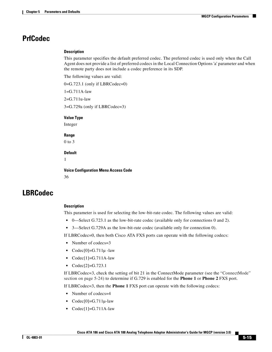 Cisco Systems ATA 188, ATA 186 manual PrfCodec, LBRCodec, Integer 