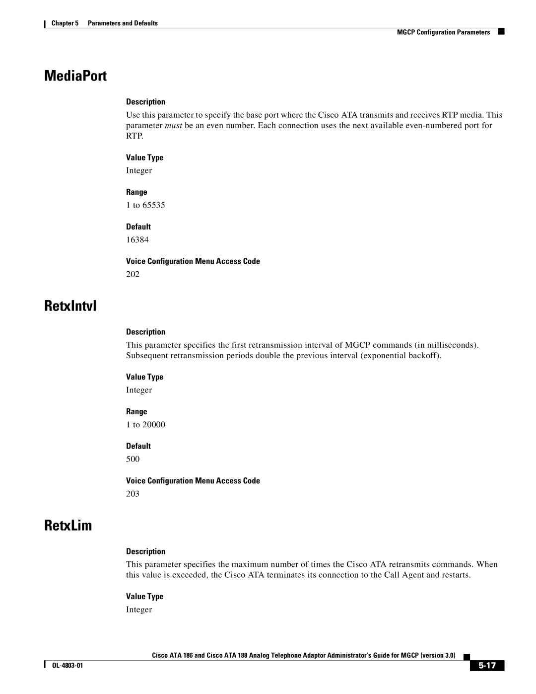 Cisco Systems ATA 188, ATA 186 manual MediaPort, RetxIntvl, RetxLim 