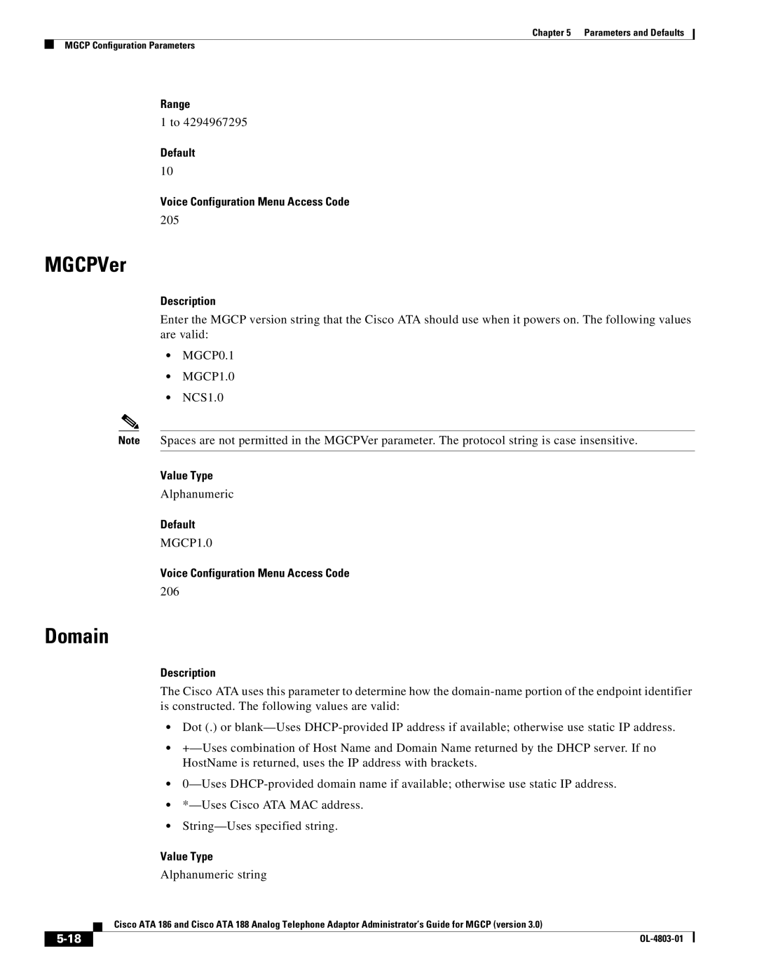 Cisco Systems ATA 186, ATA 188 manual MGCPVer, Domain, 205, Alphanumeric, 206 