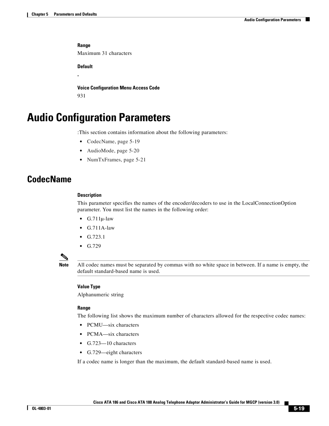 Cisco Systems ATA 188, ATA 186 manual Audio Configuration Parameters, CodecName, 931 