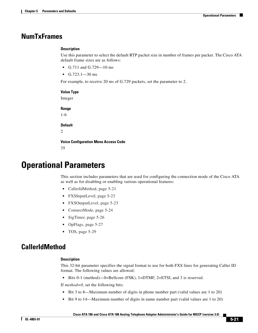 Cisco Systems ATA 188, ATA 186 manual Operational Parameters, NumTxFrames, CallerIdMethod 