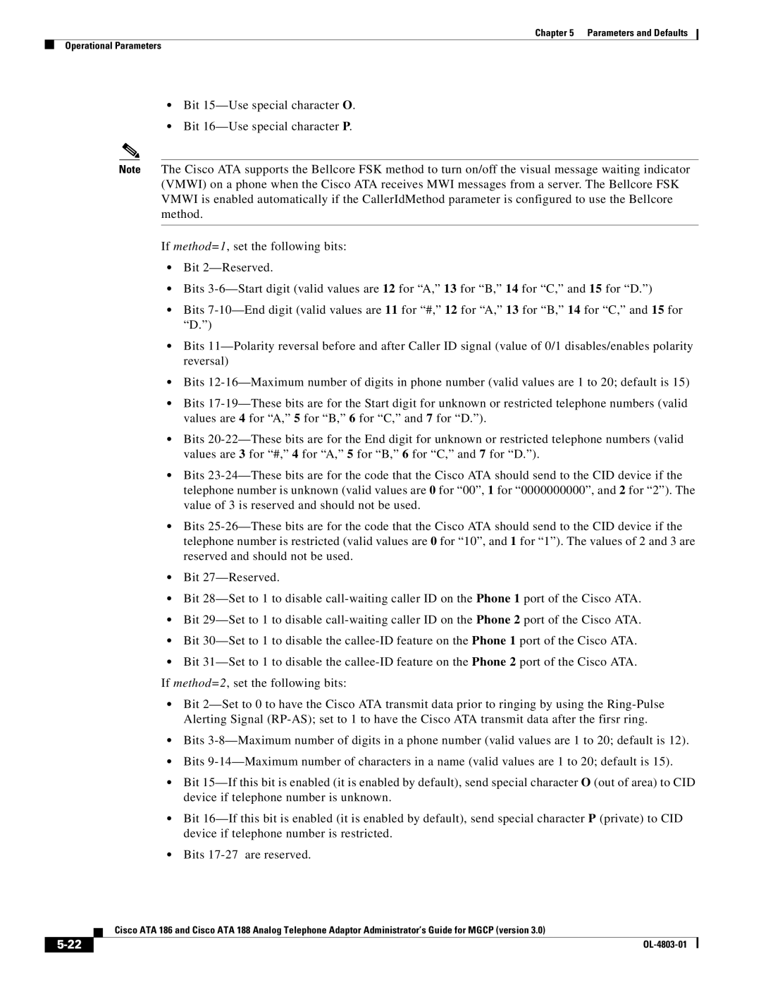 Cisco Systems ATA 186, ATA 188 manual Parameters and Defaults Operational Parameters 