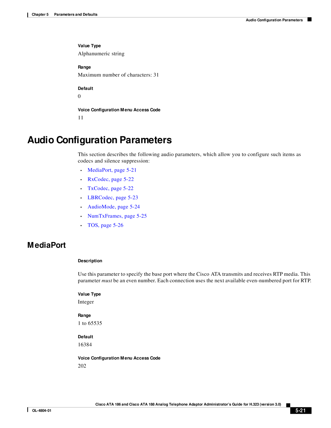 Cisco Systems ATA 188, ATA 186 manual Audio Configuration Parameters, MediaPort, Range Default, 16384, 202 