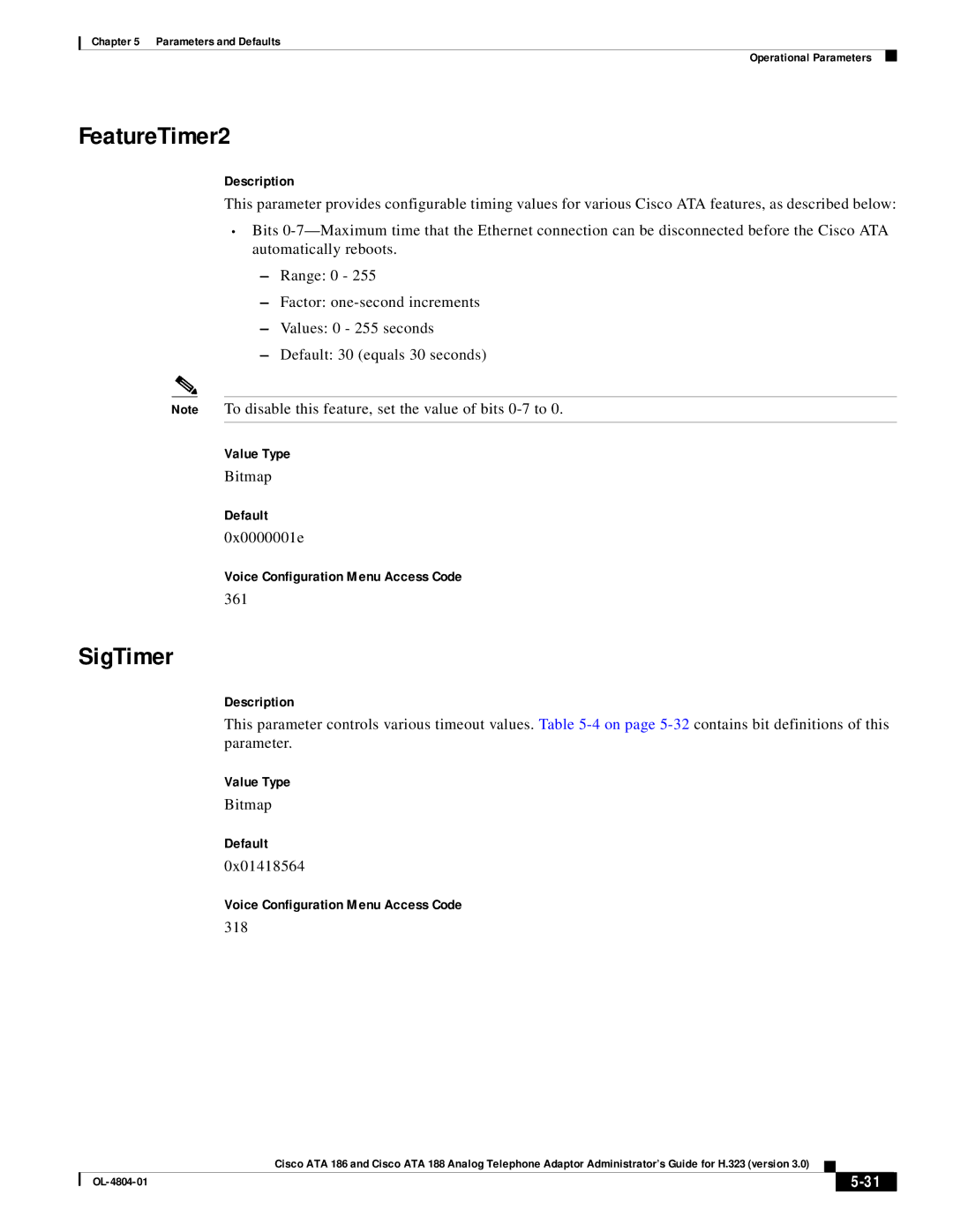 Cisco Systems ATA 188, ATA 186 manual FeatureTimer2, SigTimer 