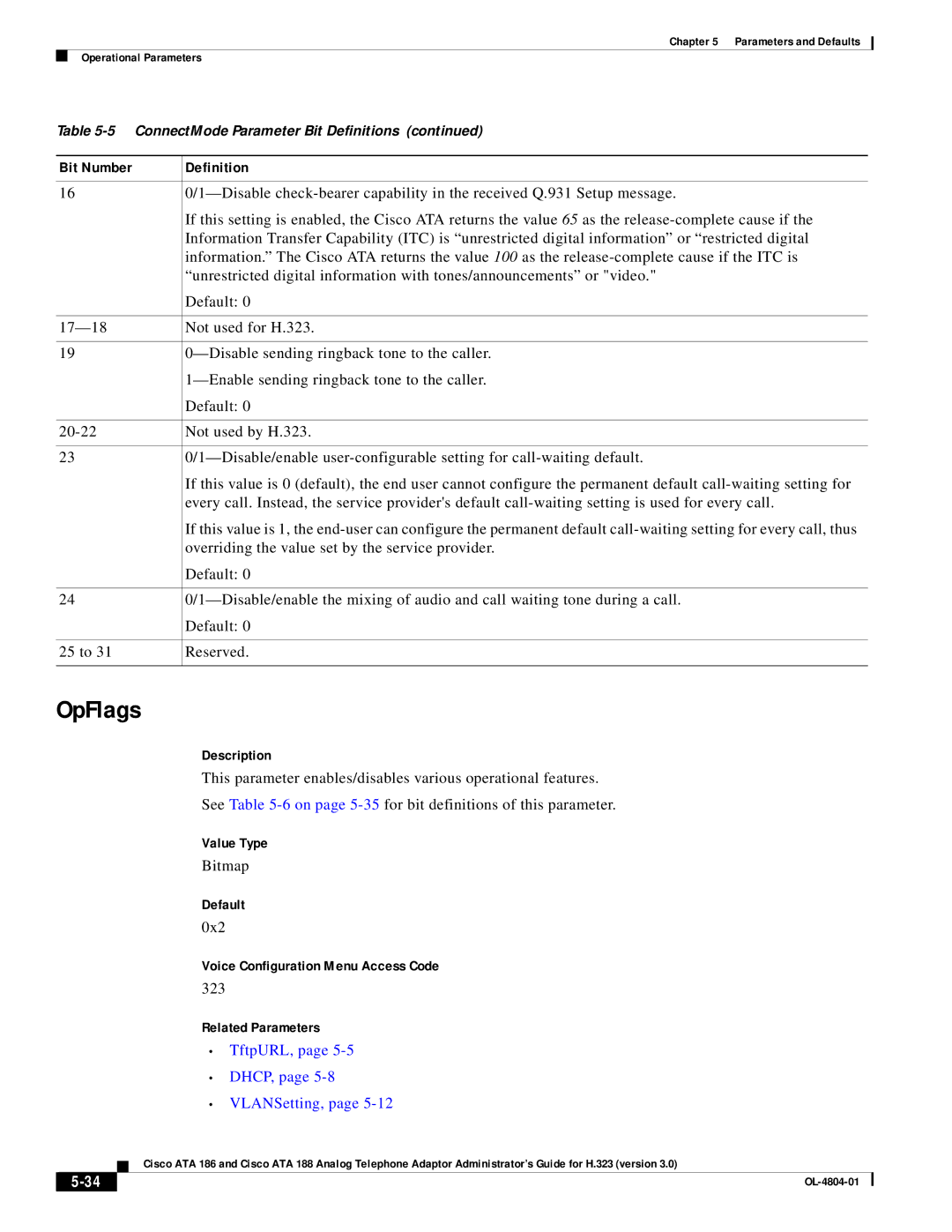 Cisco Systems ATA 186, ATA 188 manual OpFlags, TftpURL, DHCP, VLANSetting 