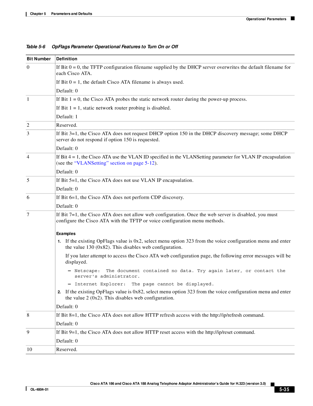 Cisco Systems ATA 188, ATA 186 manual OpFlags Parameter Operational Features to Turn On or Off 