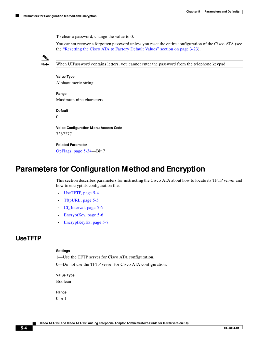 Cisco Systems ATA 186, ATA 188 manual Parameters for Configuration Method and Encryption, UseTFTP 