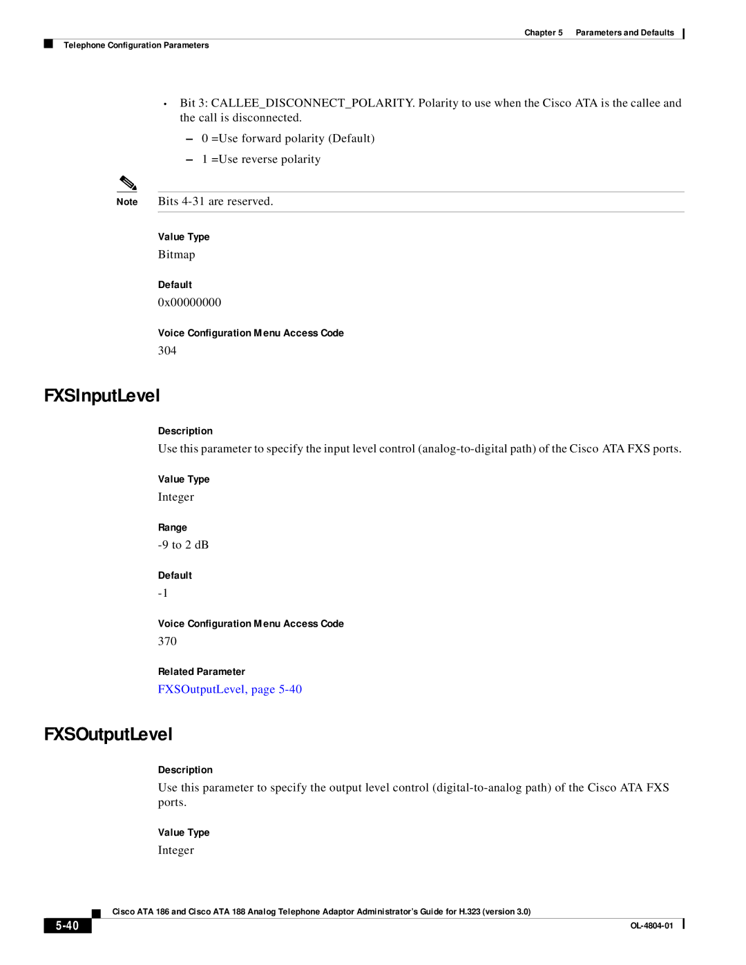 Cisco Systems ATA 186, ATA 188 manual FXSInputLevel, FXSOutputLevel, 304, To 2 dB, 370 