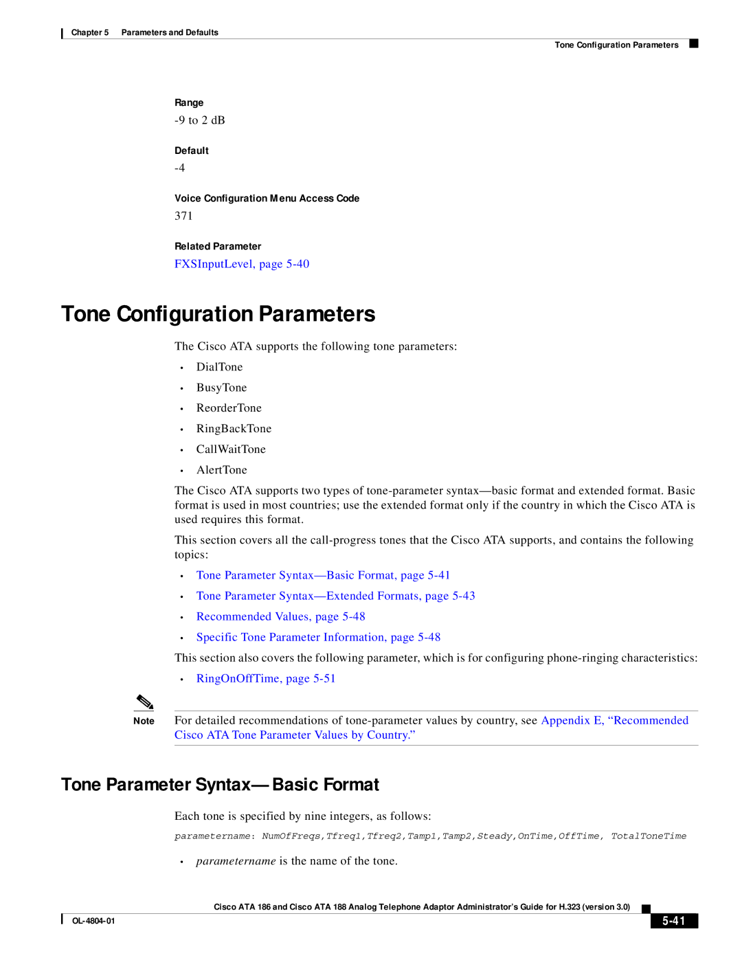 Cisco Systems ATA 188, ATA 186 manual Tone Configuration Parameters, Tone Parameter Syntax-Basic Format, RingOnOffTime 