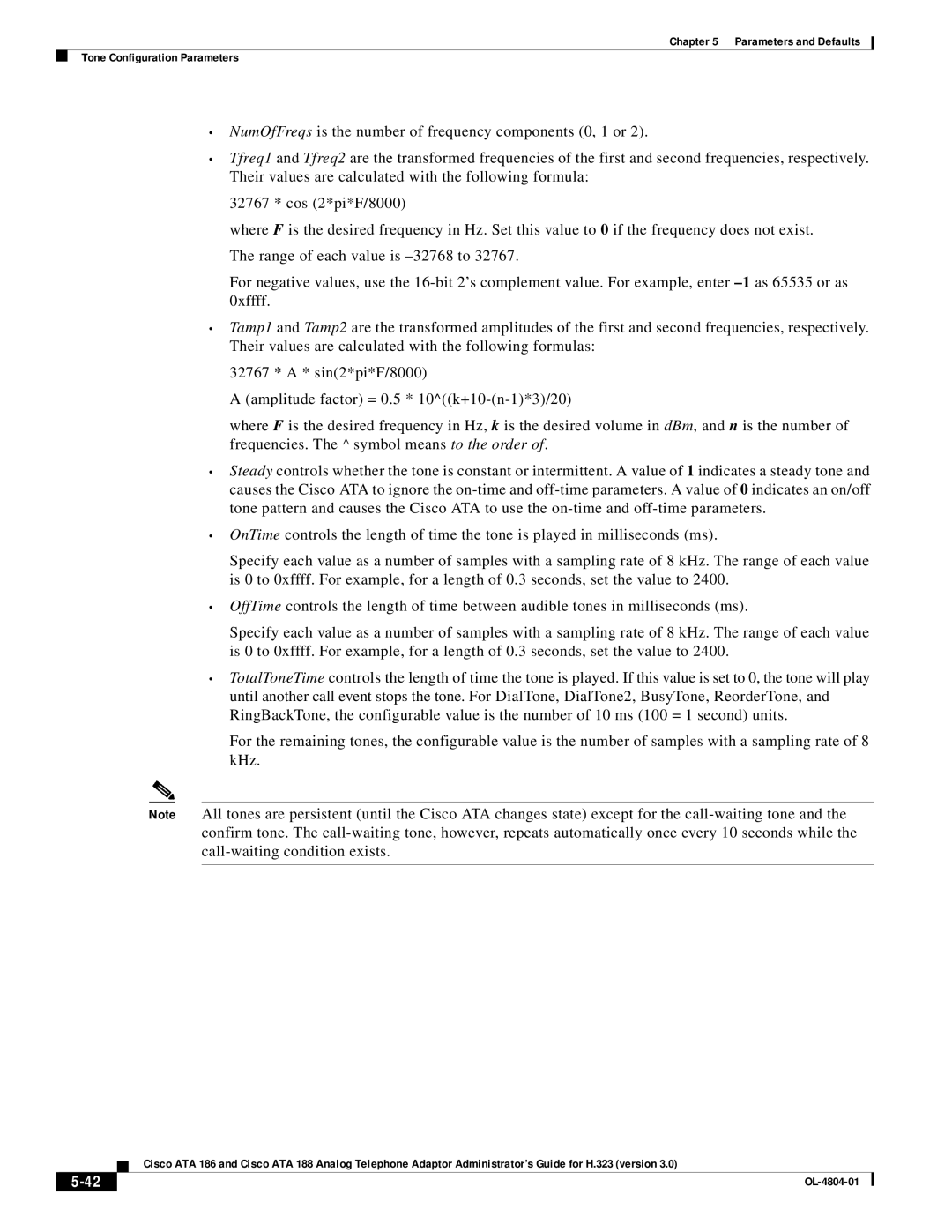 Cisco Systems ATA 186, ATA 188 manual Parameters and Defaults Tone Configuration Parameters 