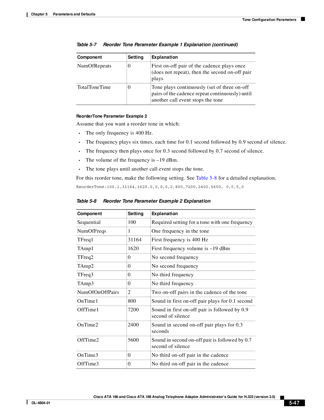 Cisco Systems ATA 188, ATA 186 manual ReorderTone Parameter Example 