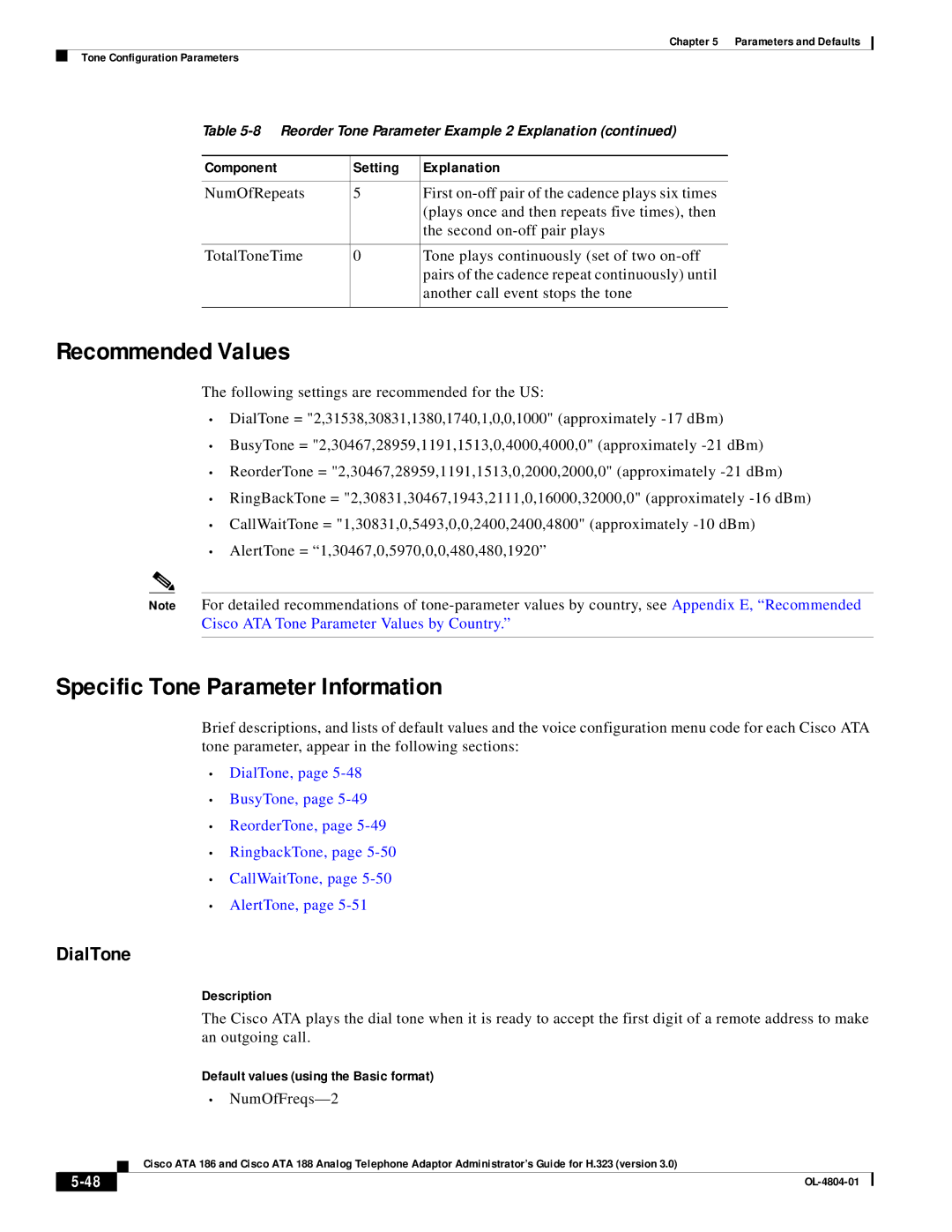 Cisco Systems ATA 186, ATA 188 manual Recommended Values, Specific Tone Parameter Information, DialTone, NumOfFreqs-2 