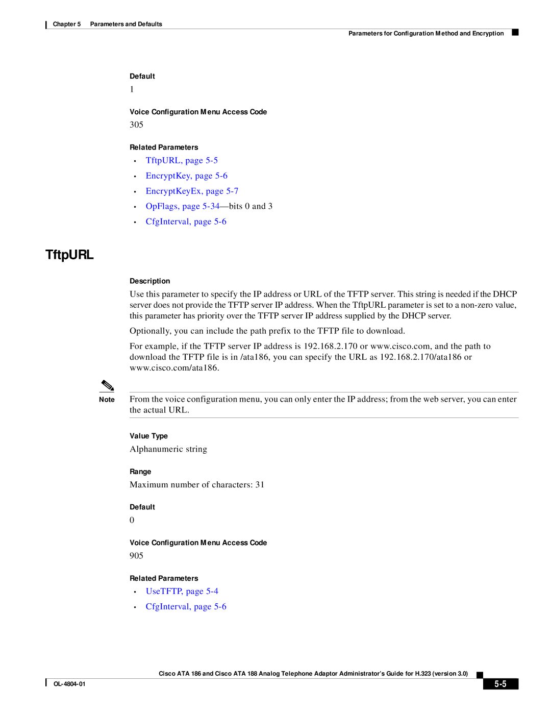 Cisco Systems ATA 188, ATA 186 manual TftpURL, Related Parameters, UseTFTP, CfgInterval 