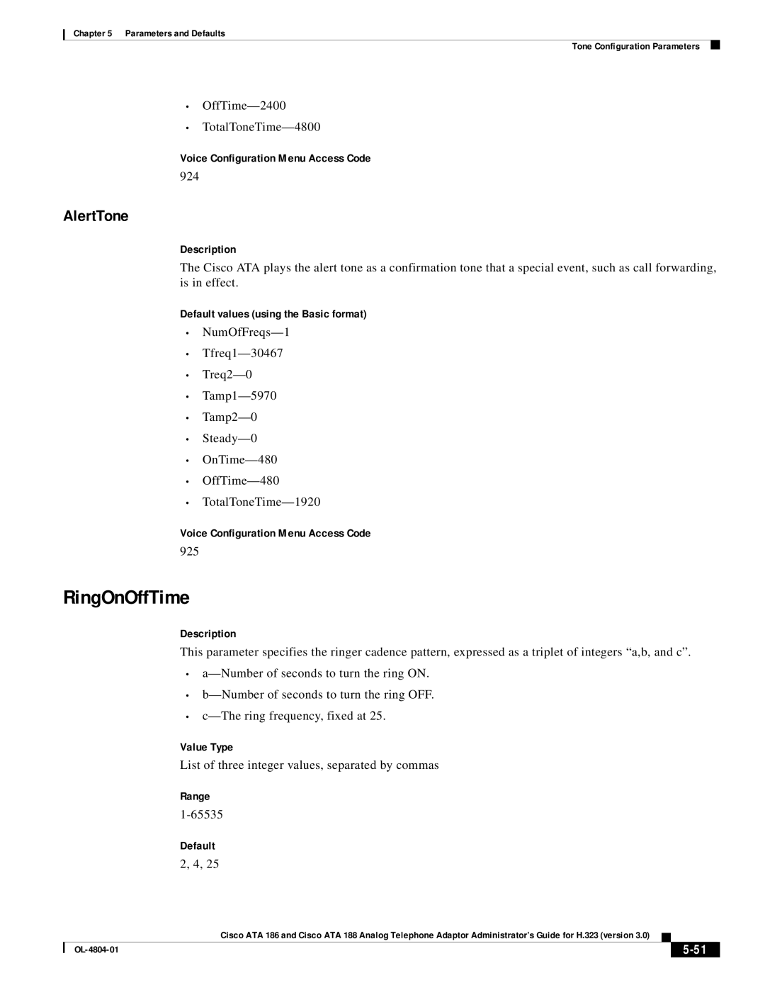 Cisco Systems ATA 188, ATA 186 manual RingOnOffTime, AlertTone 