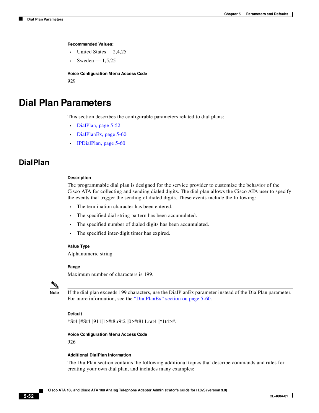 Cisco Systems ATA 186, ATA 188 manual Dial Plan Parameters, Recommended Values, DialPlan, DialPlanEx, IPDialPlan 